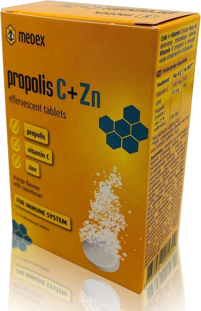 MEDEX Natural Bee Propolis δισκία - Βιταμίνη C με ψευδάργυρο Αναβράζοντα δισκία για τη συντήρηση της ανοσοποιητικής υποστήριξης Επιπλέον συμπλήρωμα άμυνας – 20 δισκία - 80 gm