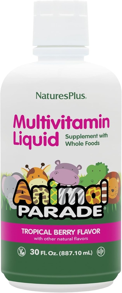 NaturesPlus Ζωική Παρέλαση Πηγή Ζωής Παιδική Υγρή Πολυβιταμίνη - Τροπική γεύση μούρου - 30 fl oz - Ολόκληρο το συμπλήρωμα διατροφής - χορτοφάγοι, χωρίς γλουτένη - 60 εξυπηρετούν