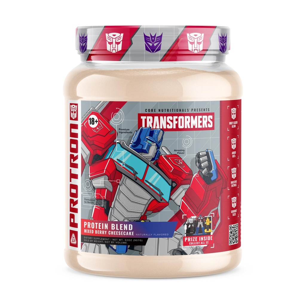 Core Nutritionals Transformers Protron proteini | Whey + Casein Mix | MCTs & Digestive Enzymes | 25g Protein | Free Prize Inside - Optimus Prime | 2 Pound (Mixed Berry Cheesecake)