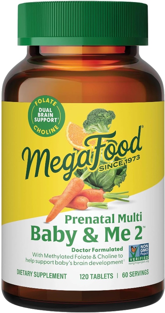 MegaFood Baby & Me 2 Prenatal Vitamin ve Mineraller - Kadınlar için Vitaminler - Folate (Folic Acid Natural Form), Choline, Iron, Iodine, ve C vitamini, Vitamin D ve daha fazlası - 120 Tabs (60 Hizmet)