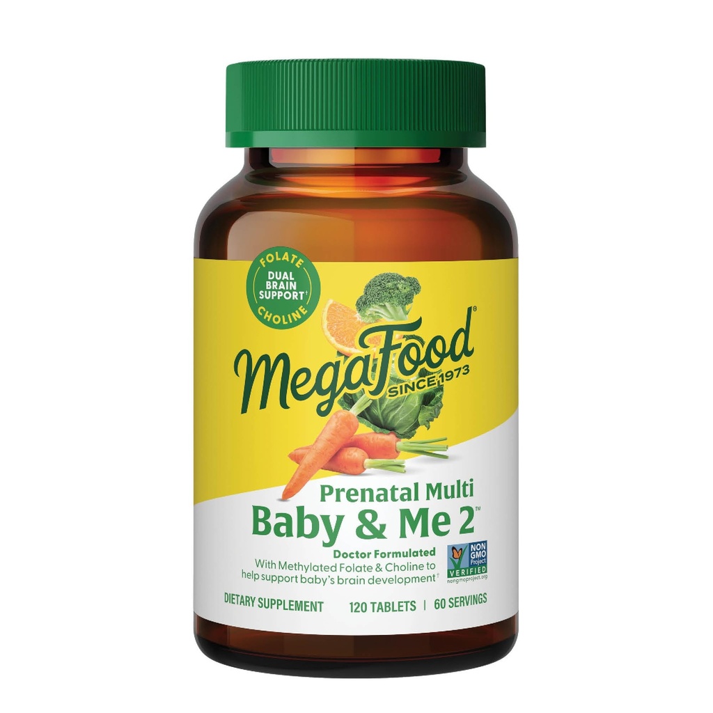 MegaFood Baby & Me 2 Prenatal Vitamin ve Mineraller - Kadınlar için Vitaminler - Folate (Folic Acid Natural Form), Choline, Iron, Iodine, ve C vitamini, Vitamin D ve daha fazlası - 120 Tabs (60 Hizmet)
