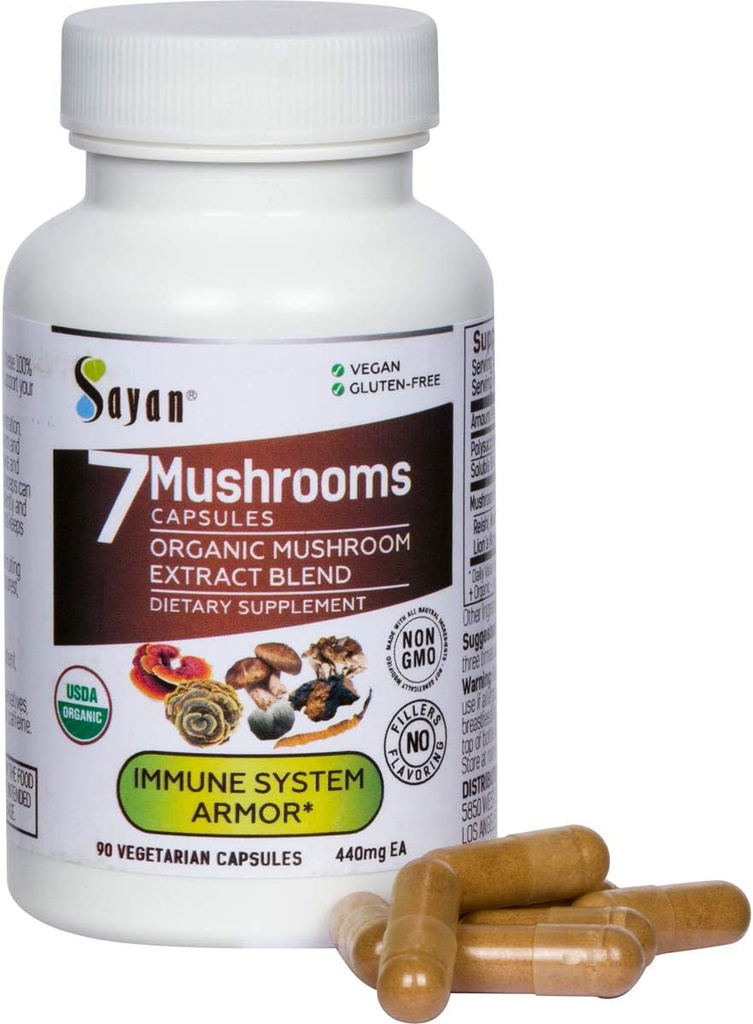 Sayan 7 Mushroom Extract 90 Capsules/440mg ea – Immune Support & Energy – Organik Chaga, Reishi, Lion's Mane, Maitake, Shiitake, Türkiye Tail Adaptogen - Vegan, Non-GMO, No Fillers veya Katkılar