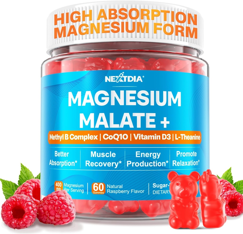 Magnesium Malate Energy Gummies Plus L-Θεανίνη, CoQ10, Methyl B12, Methylfolate, B6 & D3-400mg Μαγνήσιο Gummy Ζάχαρη Δωρεάν για γυναίκες άνδρες, υποστηρίζει μυϊκή λειτουργία, ηρεμία & χαλάρωση, Vegan, 60 κοχ