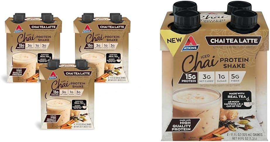 Atkins Chai Tea Latte protein Shake Sche ile 15g protein, 3g Net Carb, 1g Sugar (4 Pack) Buzlu Chai Tea Latte Protein Shake