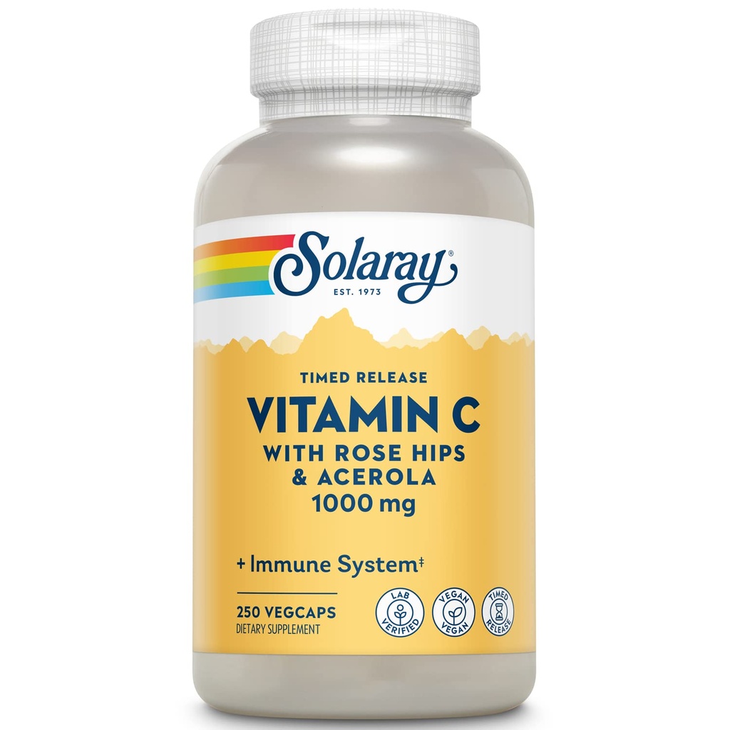 SOLARAY Vitamin C with Rose HIPS & Acerola | Two-Stage Timed-Release Formula | 1000 mg | 24 Saat Immune Support & Antioksi Supplement | 250 Ct.