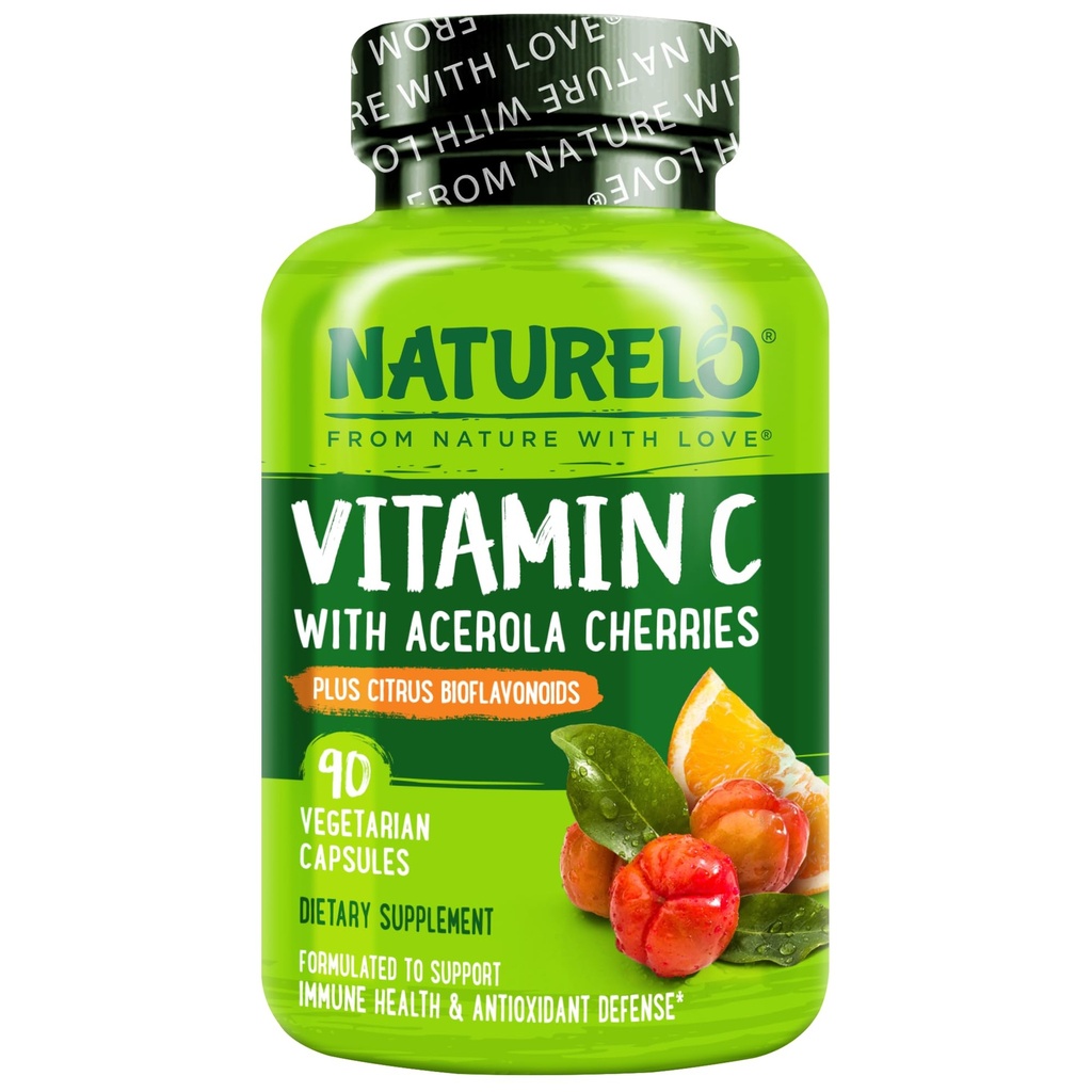 NATLO Vitamin C, Organik Acerola Cherry Extract ve Citrus Bioflavonoids - Vegan Supplement - Immune Support - 500 mg VIT C in Cap - Non-GMO - 90 Capsules
