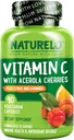 NATURELO Βιταμίνη C με Βιολογικό εκχύλισμα Acerola Cherry και Citrus Bioflavonoids - Συμπλήρωμα Vegan - Ανοσολογική Υποστήριξη - 500 mg VIT C ανά καπάκι - Μη ΓΤΟ - 90 Κάψουλες