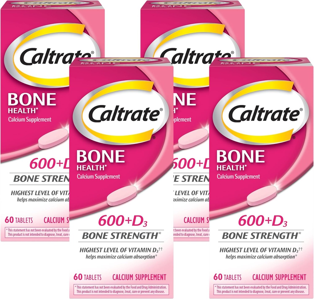 Caltrate 600 Plus D3 Calcium and Vitamin D Supplement Tablets, Bone Health Supplements for Adults - 60 Count (Pack of 4)