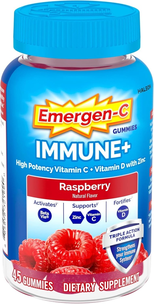 Emergen-C Immune+ Triple Action Immune Support Gummies, BetaVia (R), 1000 mg C, B Vitaminleri, Vitamin D ve Antioksis, Raspberry, Back to School Essentials - 45 Kont