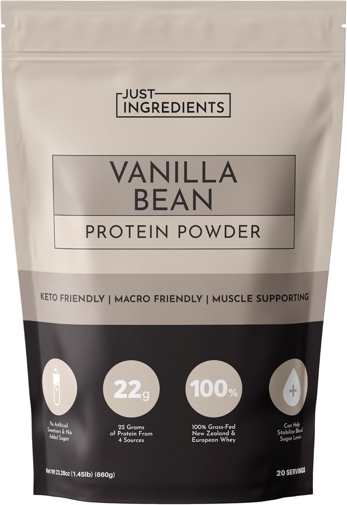 JUST INGREDIENTS Vanilla Bean protein Tozu – %100 Grass-Fed Whey & Organik Bitki Proteinleri ile 20Kaynak – Real Vanilla Bean & Cinnamon – Supports Muscle Recovery, Energy*