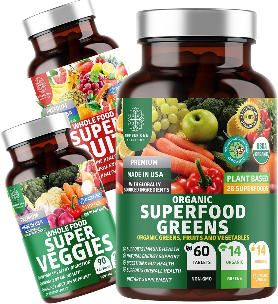 Number One Nutrition N1N Premium Superfood Greens [28 Güçlü Malzemeler] ve Super Fruits & Veggies Supplement [40 Bütün Gıdalar] - Tamam Superfood Sche, 2 Pack