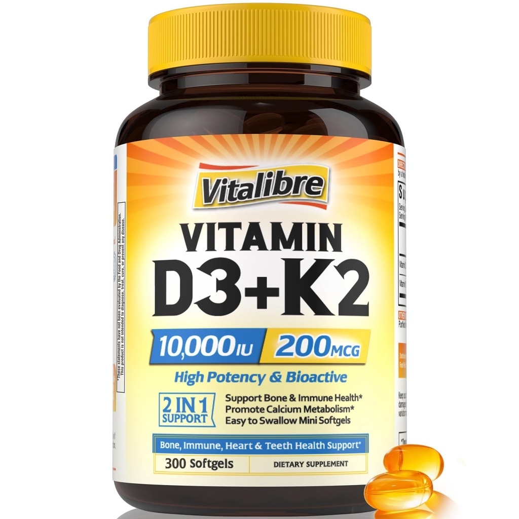 Συμπλήρωμα βιταμίνης D3 K2, 10000 IU D3 / 200 mcg K2 MK7, Απορρόφηση ασβεστίου, Οστών, Καρδιάς, ανοσοποιητικών & διάθεσης, ενισχυμένη απορρόφηση, χωρίς σόγια, εύκολο στην κατάποση, 300 Softgels