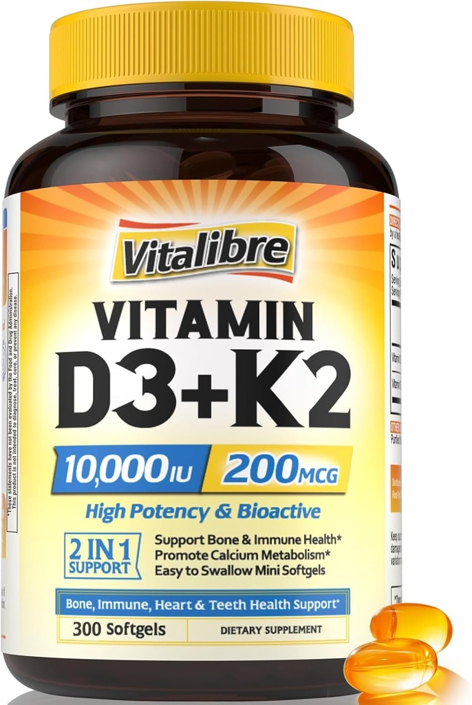 Συμπλήρωμα βιταμίνης D3 K2, 10000 IU D3 / 200 mcg K2 MK7, Απορρόφηση ασβεστίου, Οστών, Καρδιάς, ανοσοποιητικών & διάθεσης, ενισχυμένη απορρόφηση, χωρίς σόγια, εύκολο στην κατάποση, 300 Softgels