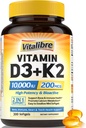 D3 K2 Supplement, 10000 IU D3 / 200 mcg K2 MK7, Kalsiyum Abpsiyon, Bone, Heart, Immune & Mood Support, Geliştirilmiş Abpsiyon, No Soy, Easy to Swallow, 300 Softgels
