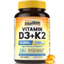 Vitalibre Vitamin D3 K2 Supplement, 10000 IU D3 / 200 mcg K2 MK7, Calcium Absorption, Bone, Heart, Immune & Mood Support, Enhanced Absorption, No Soy, Easy to Swallow, 300 Softgels