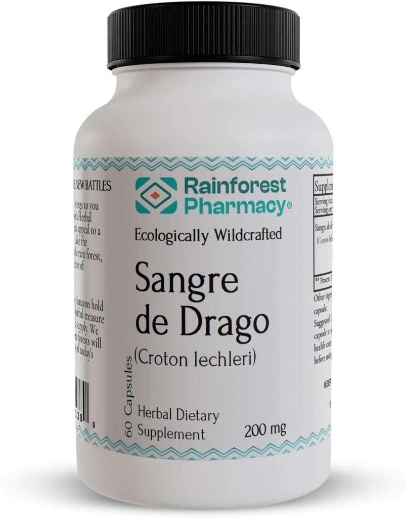 Sangre de Drago 60 Vejetaryen Capsules 200 mg - 100% Pure Peruvian Ecologically Wildcrafted Croton Lechleri Dragon's Blood for Digestive and Skin Health
