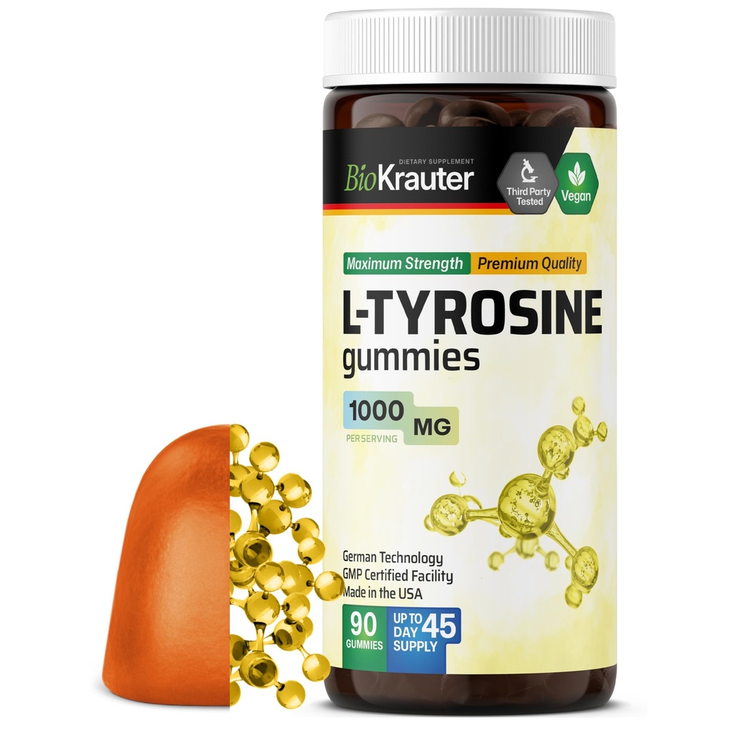 BIO KRAUTER L Tyrosine Supplement Gummies - 1000 mg Güçlü - 90 Vegan Chews - Mood and Cognitive Support - L-Tyrosine Gummies - Pectin-Based Formula