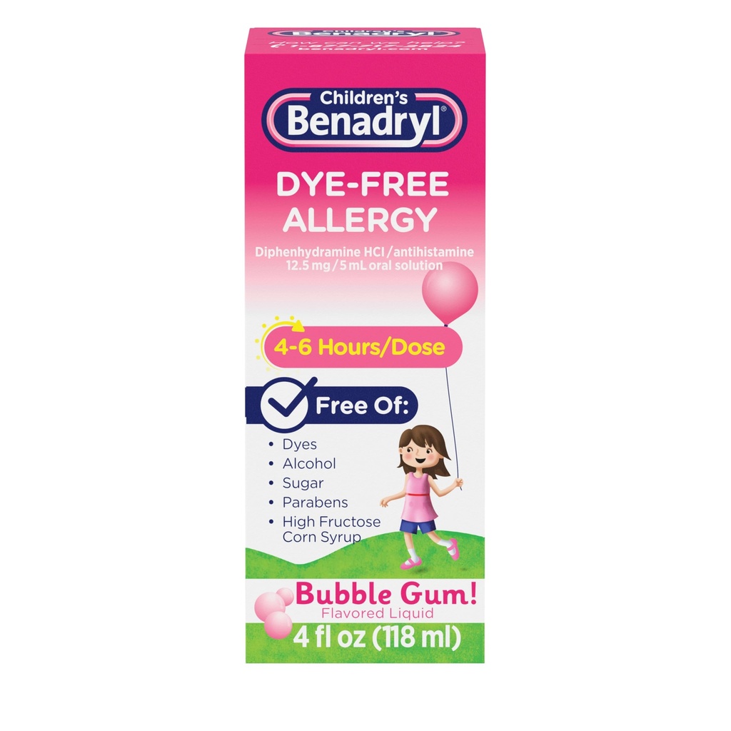 Çocuk Benadryl Dye-Free Alerji Yardımı Sıvı + 12.5 mg Diphenhydramine HCl, Antihistamin Antihistamine Tıp Çocuklar için Relieve Runny Nose & Sneezing, Gum Flavor, 4 fl. oz oz
