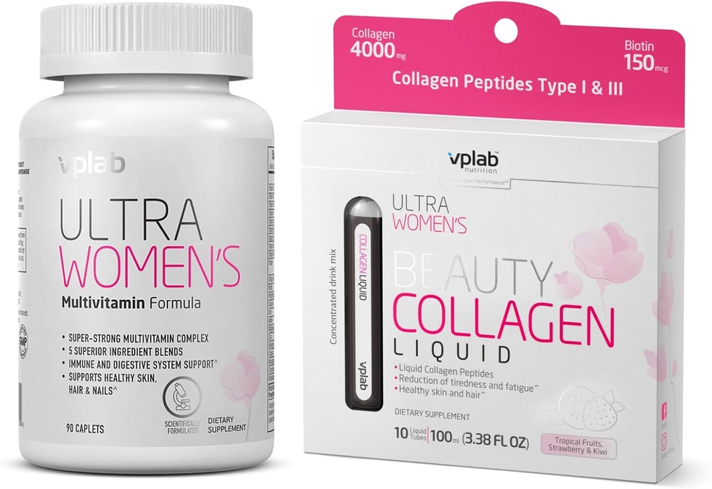 VPLab Women's Beauty Sche - Multivitamin Caplets & Liquid Collagen for Hair, Skin, Nails - Biotin, Iron, B, D, C & çinko - Essential Daily Health Support, 90 Caplets + 10 Tubes