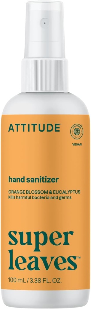ATTITUDE Εξυγιαντικό σπρέι χεριών για ενήλικες και παιδιά, EWG Επαληθευμένο, Σκοτώνει τα βακτήρια και τα μικρόβια, Vegan, Orange Blossom & Eucalyptus, 3.38 Fl Oz (Σπρέι μπουκάλι)