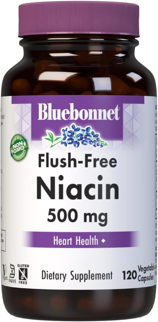 BlueBonnet Beslenme Flush-Free Niacin 500mg, Beslenme Kardiovasküler Destek Sebze Kapsülleri, Soy/Dairy/Gluten Free, Non-GMO, Kosher Sertifikalı, Vegan, White, 120 Count