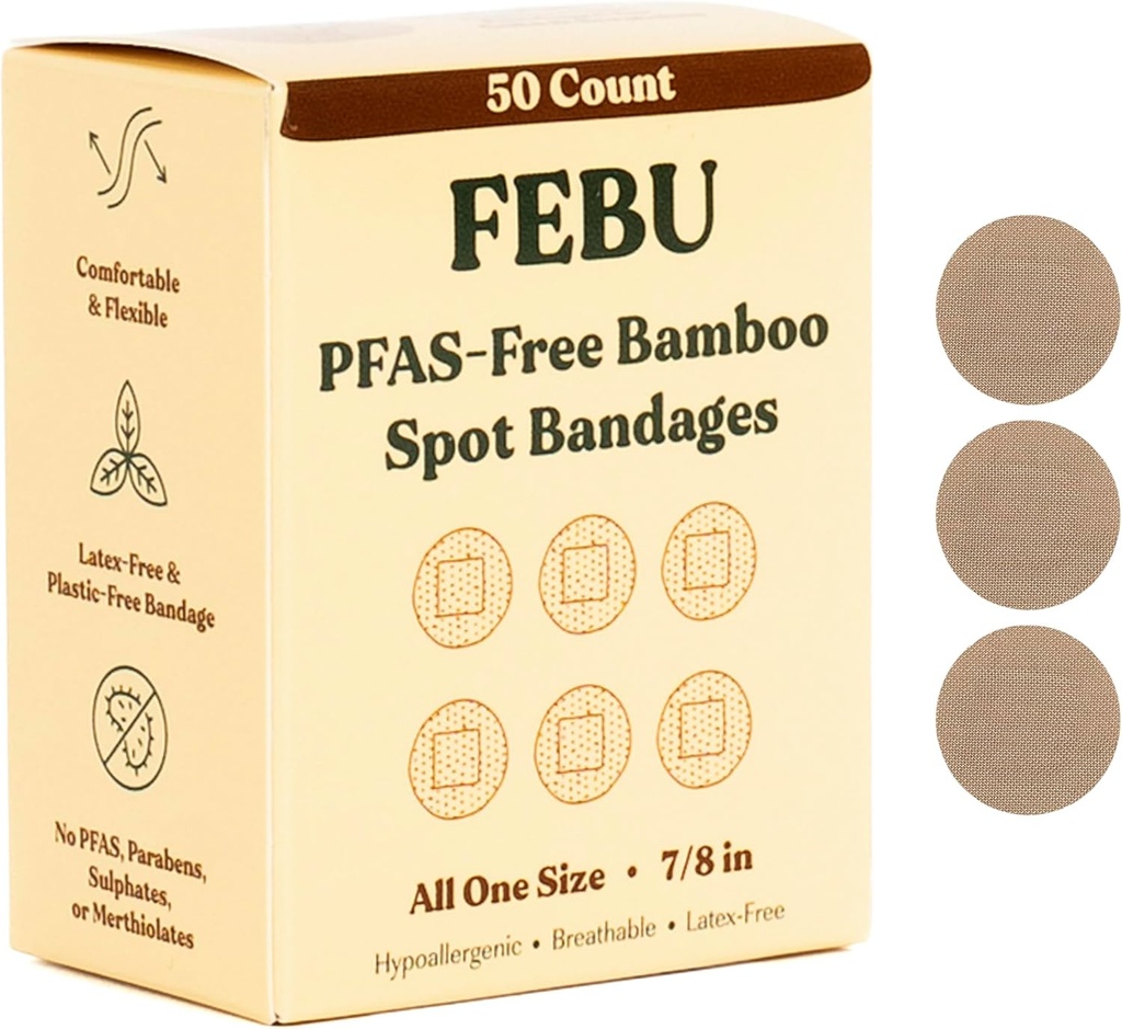 FEBU Eco-Friendly Bamboo Fabric Bandages | PFAS Free Bandages for Boates & Cuts | Flex Fabric Bandage | Tam Boşluk, Latex Free Bandage | 50 Spot Kont