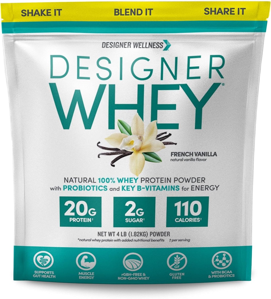 Σχεδιαστής Wellness, Designer Whey, Φυσικό όταν σκόνη πρωτεΐνης με τα προβιοτικά, Fiber, και το κλειδί B-Vitamins για την ενέργεια, Γλουτένη-ελεύθερο, γαλλική βανίλια, 4 lb