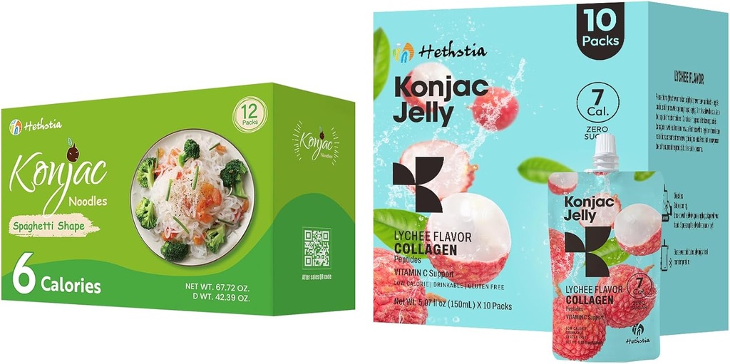 Hethstia Konjac Jelly Lychee Flavor with Collagen and 10 Packs and Konjac Spaghetti Gluten Free 12 Packs Low Calorie, Keto, Sugar Free, Health Food Food
