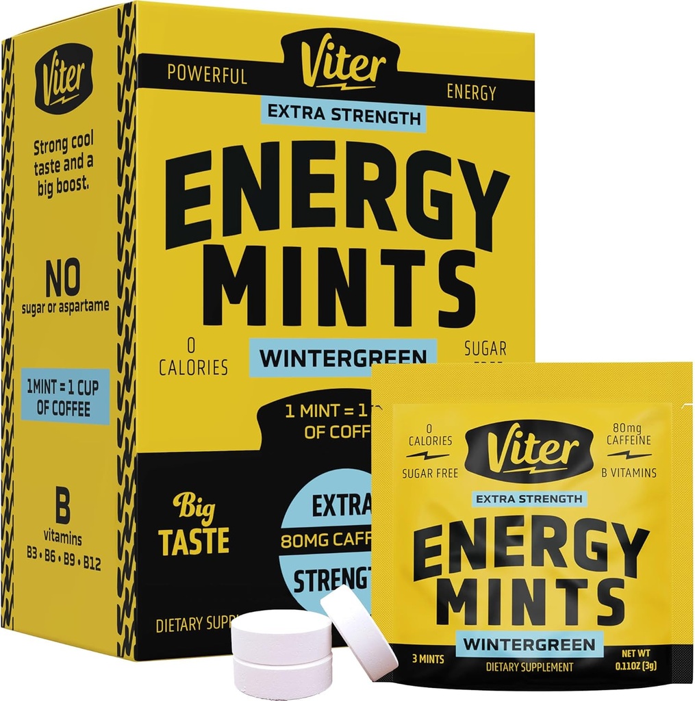Viter Energy Caffeine Mints 80mg Ekstra Güç - 90 Adet B Vitaminleri ile Caffeinated. Sugar Free Vegan Breath Mint. Energize Nootropic Focus Alert for Fast Alertness (Wintergreen Flavor, 30 Pack)