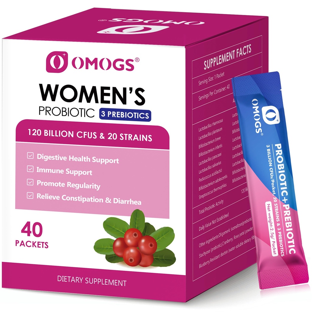 OMOGS Women's Probiyotik,120-Billion-CFUs, 18 Strains, 3 Prebiyotik ve Cranberry Extract, Immune Alert, Digestive Health, Gut Health ve Vaginal Health, Gut Health