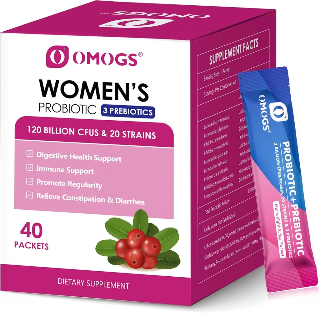 OMOGS Women's Probiyotik,120-Billion-CFUs, 18 Strains, 3 Prebiyotik ve Cranberry Extract, Immune Alert, Digestive Health, Gut Health ve Vaginal Health, Gut Health
