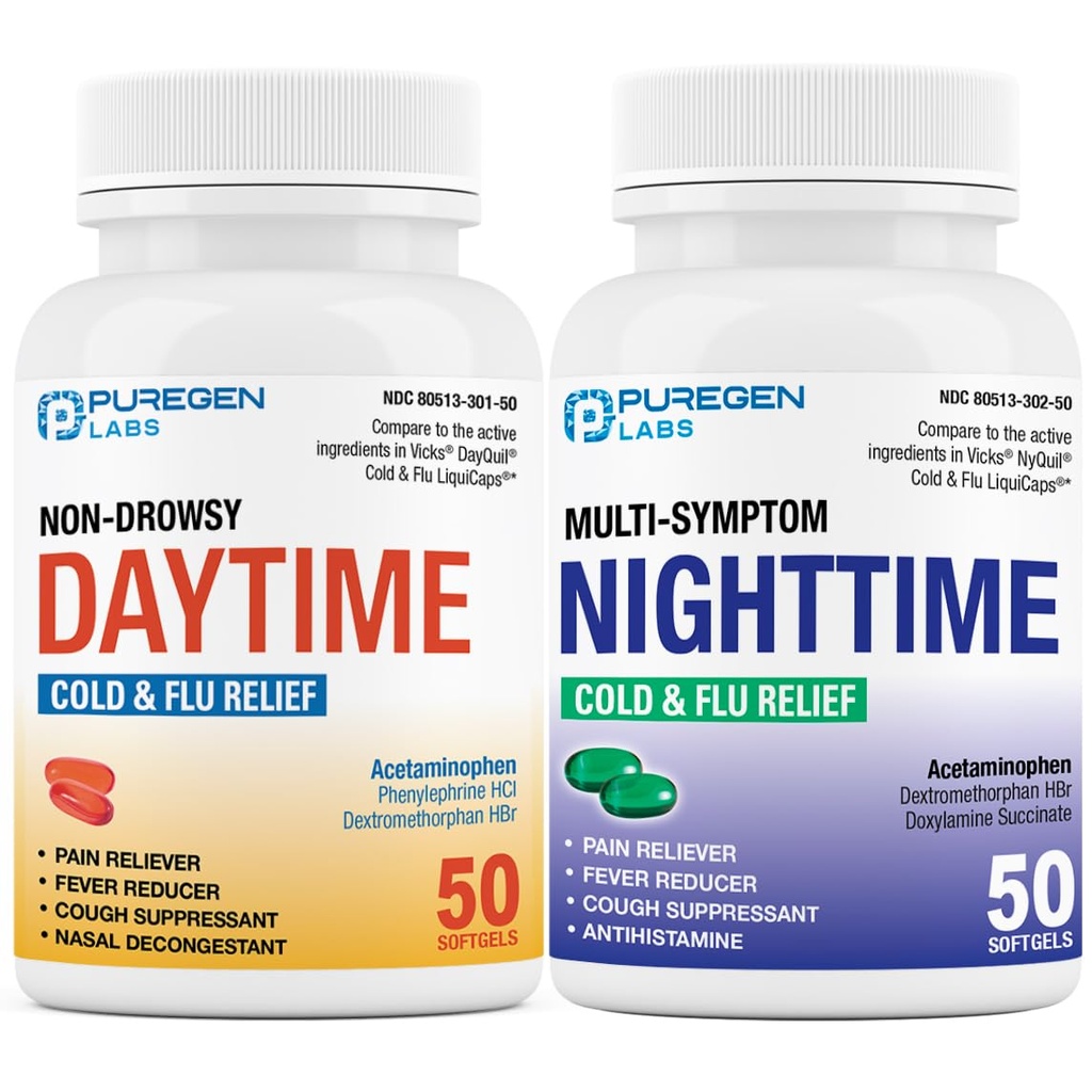 Puregen Labs Daytime and Nighttime Combo Pack, Cold and Flu Relief Medicine | Güçlü Multi-Symptom Daytime and Nighttime Relief for Headache, Fire, Sore Throat, Cough, Congestion and Aches