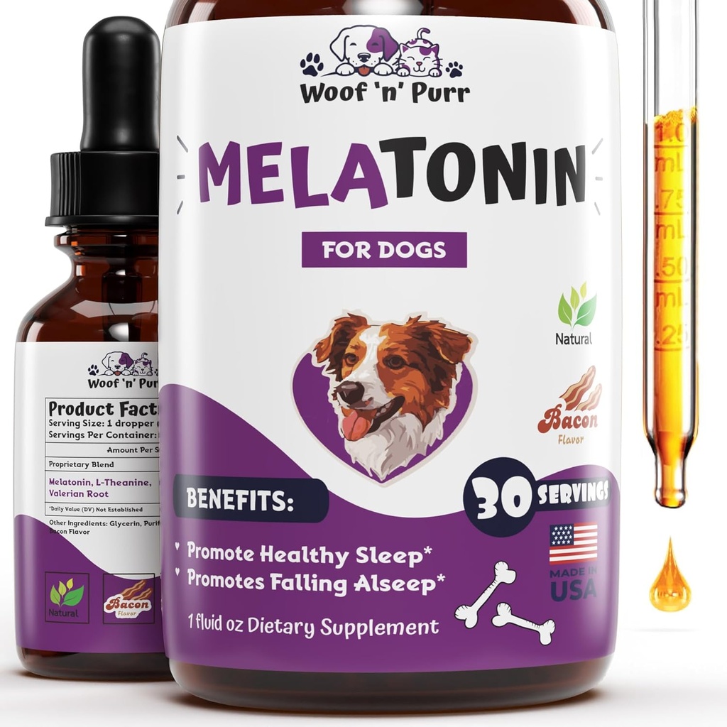 Dog Melatonin - Köpekler için Melatonin - Köpek Uyku Yardımı - Köpekler için Uyku Yardımı - Köpek Uykuları için Melatonin - Calming - Köpekler için Calming - Köpek Kaygısı Yardımı - 1 fl oz: Bacon Flavor