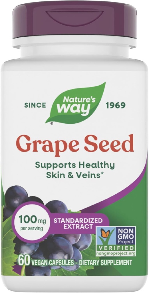 Nature's Way Grape Tohum Standardized Extract, Supports Health Skin and Veins*, Antioksi Support*, Non-GMO Project TY, 60 Vegan Capsules (Pazar Mayıs Vary)