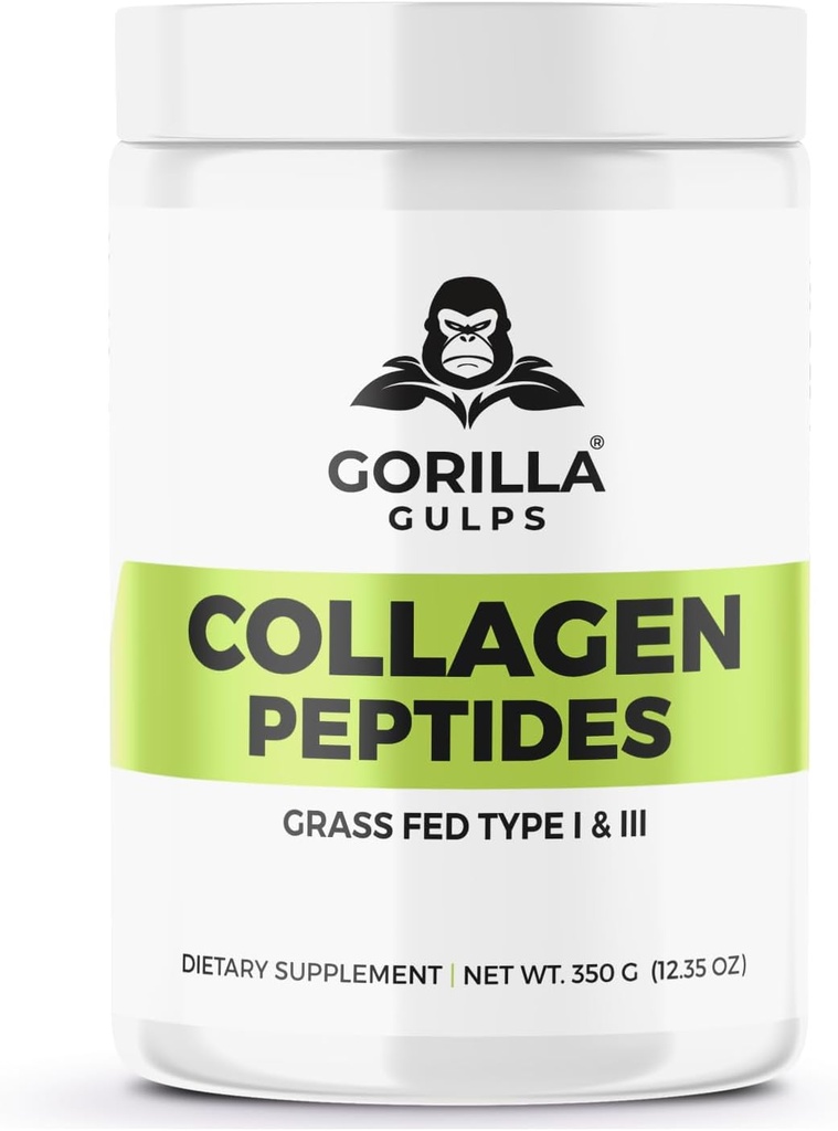 Gorilla Gulps | Hydrolyzed Collagen Peptides | Grass Fed Type I & III | All Natural, Non-GMO, Hormon Free, Gluten Free, Lactose Free | Made in USA | 3rd Party Tested