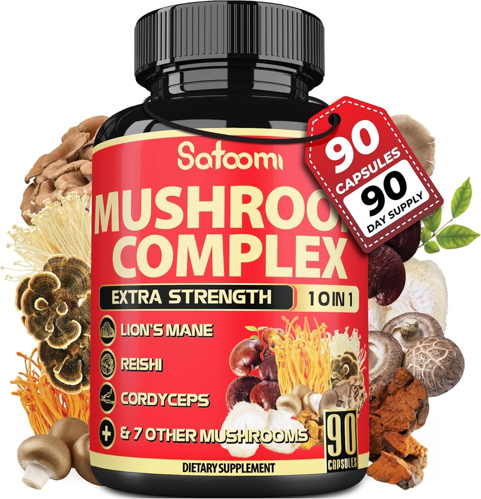 Satoomi 10in1 Mushroom Supplement Complex - Lions Mane, Cordyceps, Reishi, Chaga - Συμπληρώματα εγκεφάλου για τη μνήμη και την εστίαση - 3 Μήνες προσφοράς