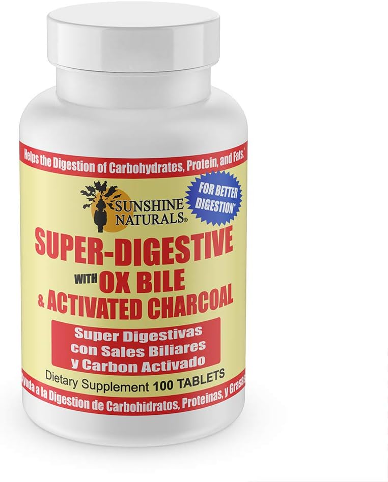 Sunshine Naturals Super Digestive Supplement. Ox Bile & Aktif Charcoal for Digestive Support, Bloating Relief, Gut Cleanse, Nutrient Abors ve genel Wellness'ı teşvik eder. 100 Tablet.