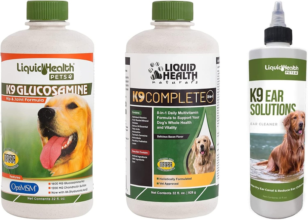 LIQUIDHEALTH Evcil hayvanlar K9 Glucosamin Hip & Ortak Formula, K9 Ear Temizlik Çözümleri ve K9 Tamam 8-in-1 Dog Multivitamin - Pet Sche for Common Health, Mobility, Immune Support - Made in USA