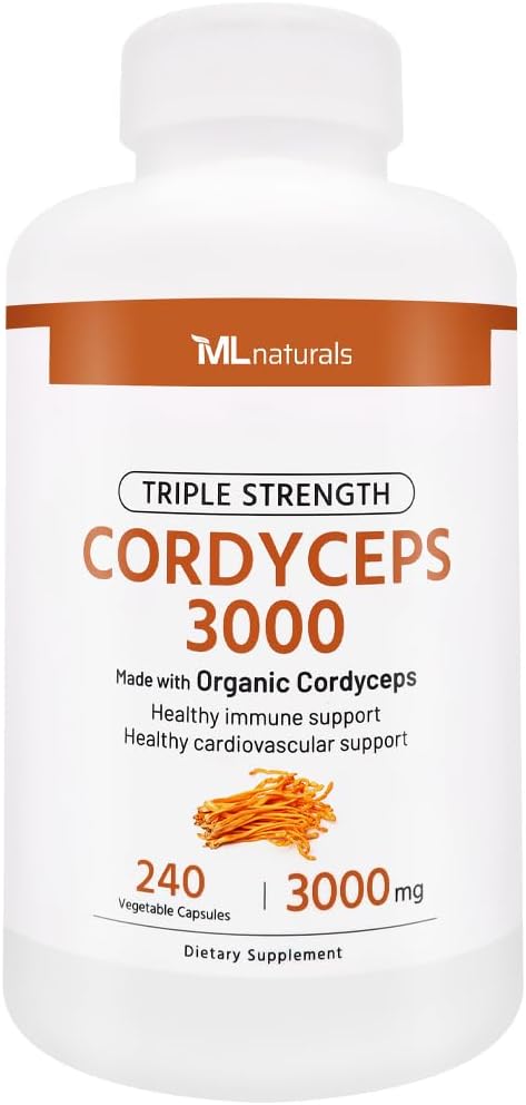 ML Naturals Triple Strength Cordyceps 3000 Made with Organic Cordyceps, 240 κάψουλες λαχανικών. Υγιής Ανοσολογική Υποστήριξη, Μη-GMO, NSF-Certified & cGMP-Compliant Τρίτο-Party Lab Tested.