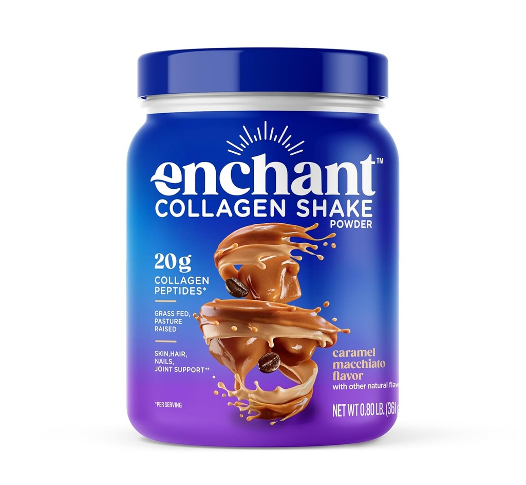 Enchant Collagen Protein powder, Caramel Macchiato γεύση – 20g Grass Fed Collagen Peptides, Avocado Oil Creamer, πηγή Omega 9 + Fiber, για αρθρώσεις, μύες, δέρμα, υποστήριξη μαλλιών, 0,80 lb