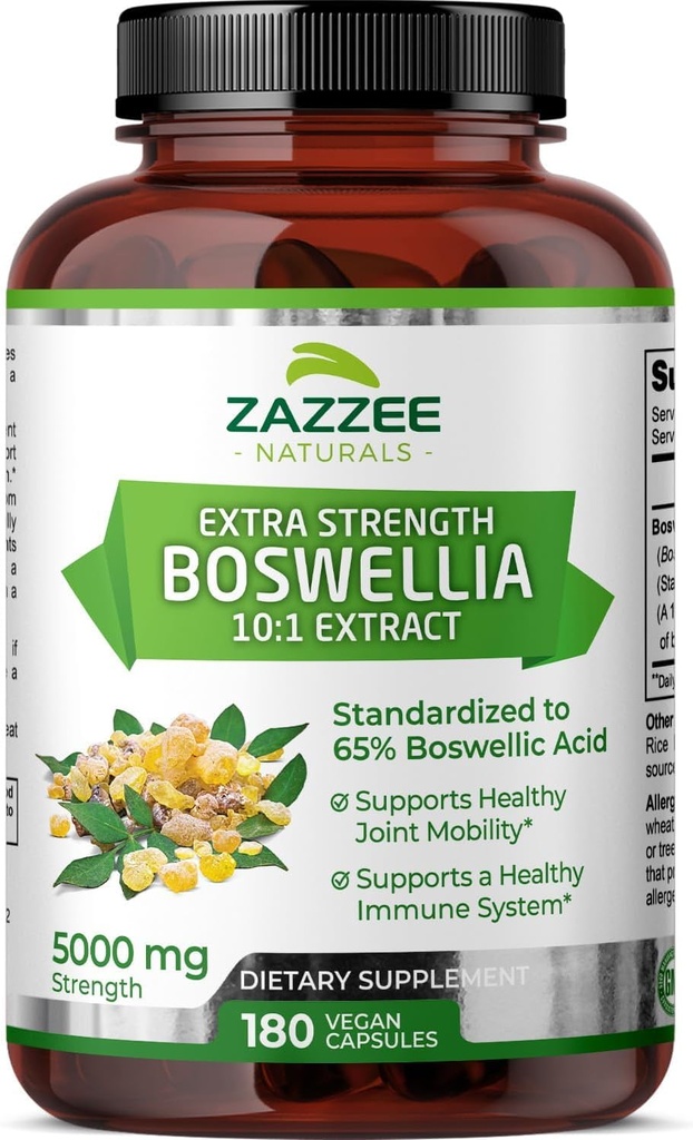 Zazzee Ekstra Kuvvet Boswellia Serrata 10:1 Ekstraksiyon, 5000 mg Güçlü, 65 Boswellic Asit, 180 Vegan Capsules, 6 Ay Supply, Standardized 10X High Potency, 100% Vegetarian, All-Doal, Non-GMO