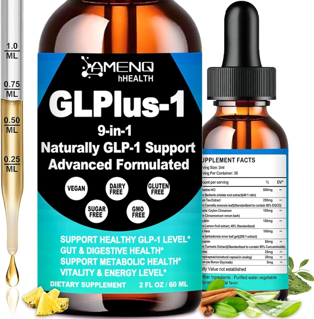 GLP-1 Supplement for Women & Men, 9-in-1 Naturally GLP-1 Support w. Berberine HCI Cyelon Cinnamon Green Tea Eriocitrin, GLP1 for Gut Digestion Metabolic, GLP-1 Drops 6X Stronger Than Capsules