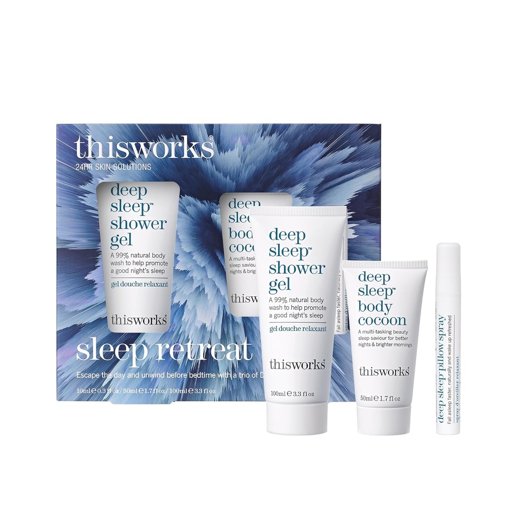 Thisworks Retreat Box Gift Set: Σπρέι μαξιλάρι βαθύ ύπνο, Ενυδατικό σώμα και ντους Gel.