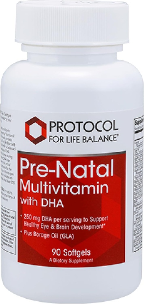 Protocol Pre-Natal Multivitamin with DHA - 250 mg DHA - για υποστήριξη εγκυμοσύνης & γαλουχίας* - με DHA, ασβέστιο, χαλκό, B12 & βιταμίνη C - Hanal & Dairy Free - 90 Softgels