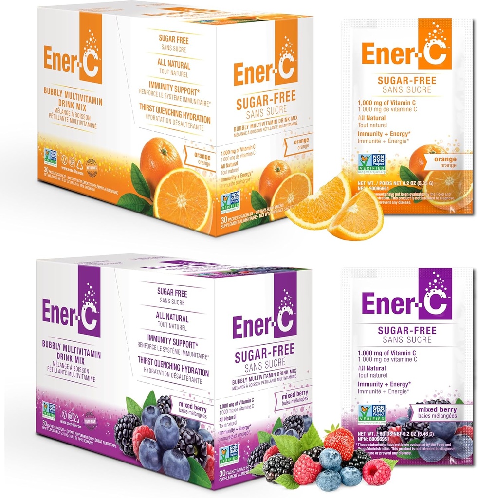 Ener-C Sugar Free Multivitamin Drink Mix - Vitamin Toz for Water, Electrolytes Toz No Sugar, Hydration Boost Packets, Zero Sugar, Vitamin C & B12 Supplement Liquid Mix - Orange & Berry, 60 Count