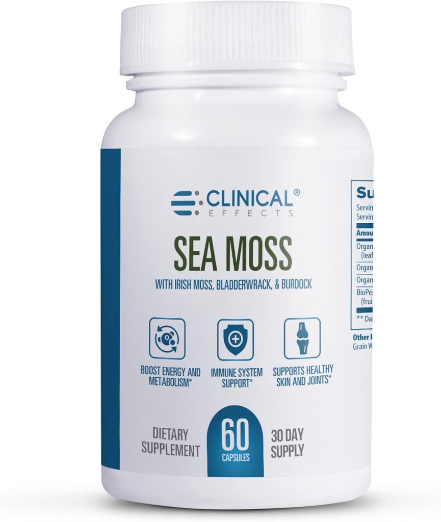 Klinik Etkileri Deniz Moss - Amerikan Deniz Moss Capsules with Bladderwrack, Burdock Root and Bioperine for Thyroid, Heart Health, Kilo Management and Energy Support - 60ct - Made in the USA