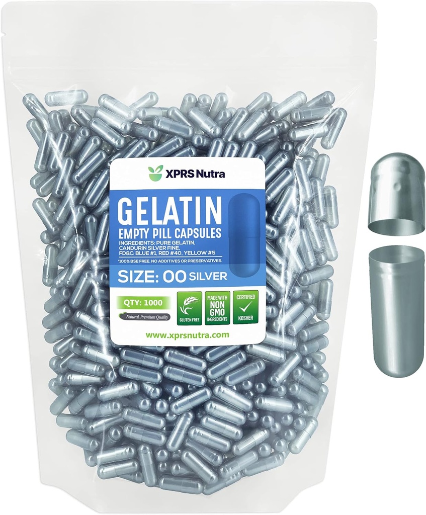 XPRS Nutra Boyutu 00 Boş Kapsüller - 1000 Kont Boş Gelatin Capsules - Pill DIY Capsule - Coverable Pills Gel Caps for DIY Supplements (Silver)