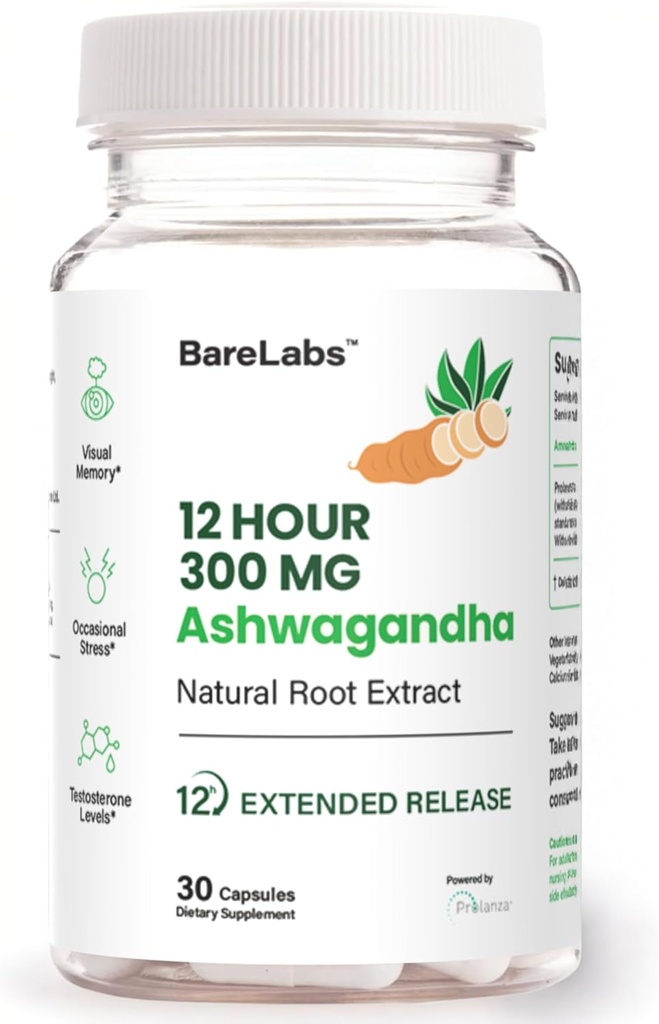 Ashwagandha 300 mg + 12 Saat Zaman Yayın Kökleri (Prolanza®) + Stres, Uyku ve Enerji Desteği Erkekler ve Kadınlar için Tamam - 30 Gün Supply