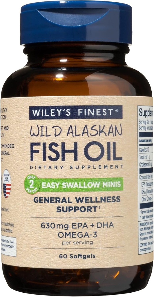 Wiley's Finest Wild Alaskan Fish Oil Easy Swallow Minis - Ωμέγα-3 Fish Oil συμπλήρωμα για ενήλικες και παιδιά - Διπλή δύναμη 630mg EPA και φυσικό συμπλήρωμα DHA - 60 Mini Softgels (30 υπηρεσίες)