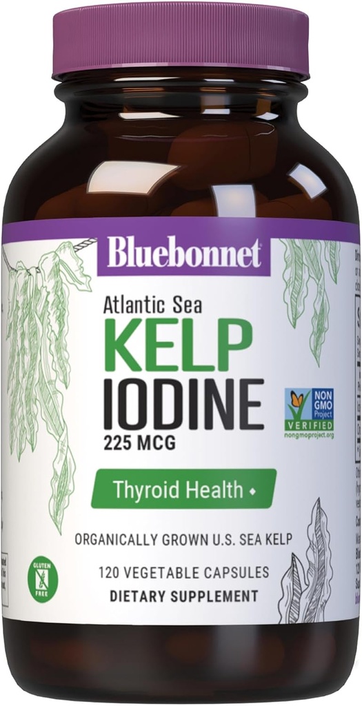 Bluebonnet Beslenme Atlantik Deniz Kelp Iodine 225 mcg - Organik olarak Büyü ABD Deniz Kelp - Non-GMO Projesi Doğrulanmış, Gluten-Free, Soy-Free, Dairy-Free - 120 Sebze Capsules